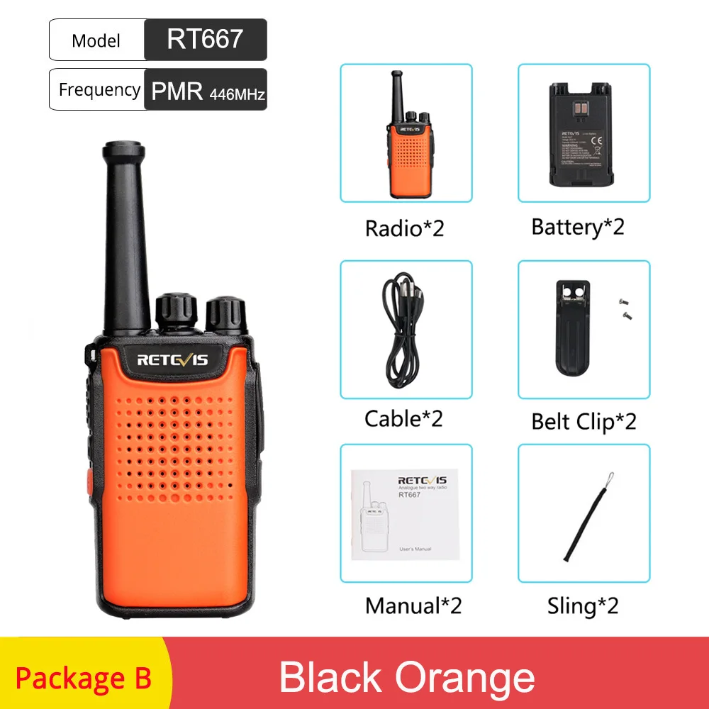 Package B 2 шт. Retevis RT667/RT67 портативная рация PMR радио PMR 446 VOX Немагнитный динамик 3000mAh двухстороннее радио Comunicador рация - Цвет: Package B