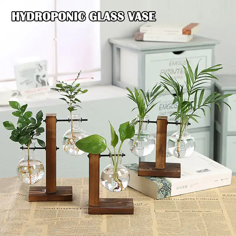 Creative Hydroponic Plant Vase Transparent Glass Vases With Wooden Rack Desktop Decoration For Home Office Garden Balcony Decor Vases Aliexpress