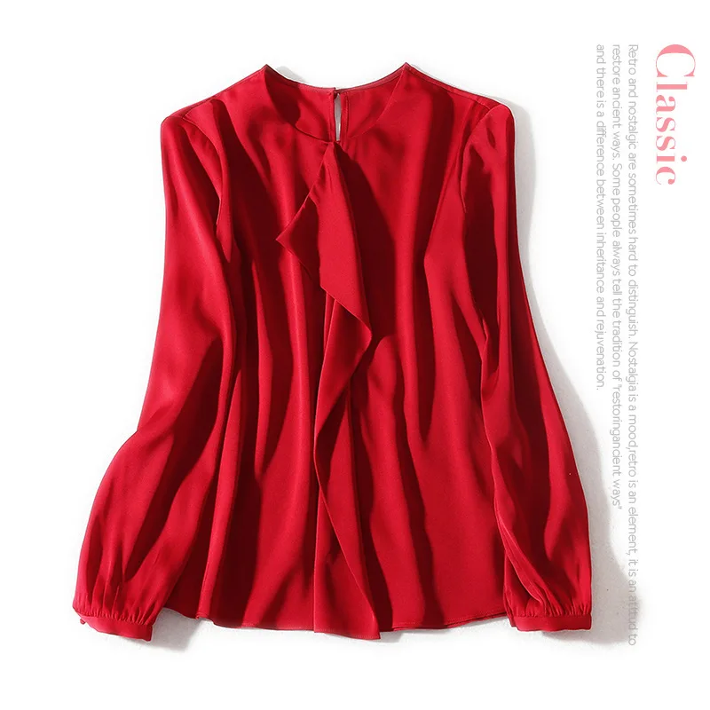 

New round neck solid Ruffle three dimensional decoration long sleeve mixed with silk double Shirt Top Female