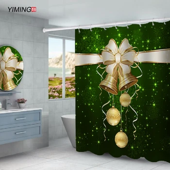 

200X180CM Christmas Bell Pendant Snowflake Santa Printed Polyester Bathroom Decorative Curtain with Hook Washable
