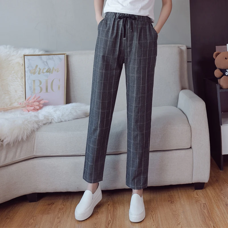 Plaid Pants Women Student Pants Fashion Younger Korean style Cropped Jeans Popular Harem Pants Loose Slim Casual Ninth pants