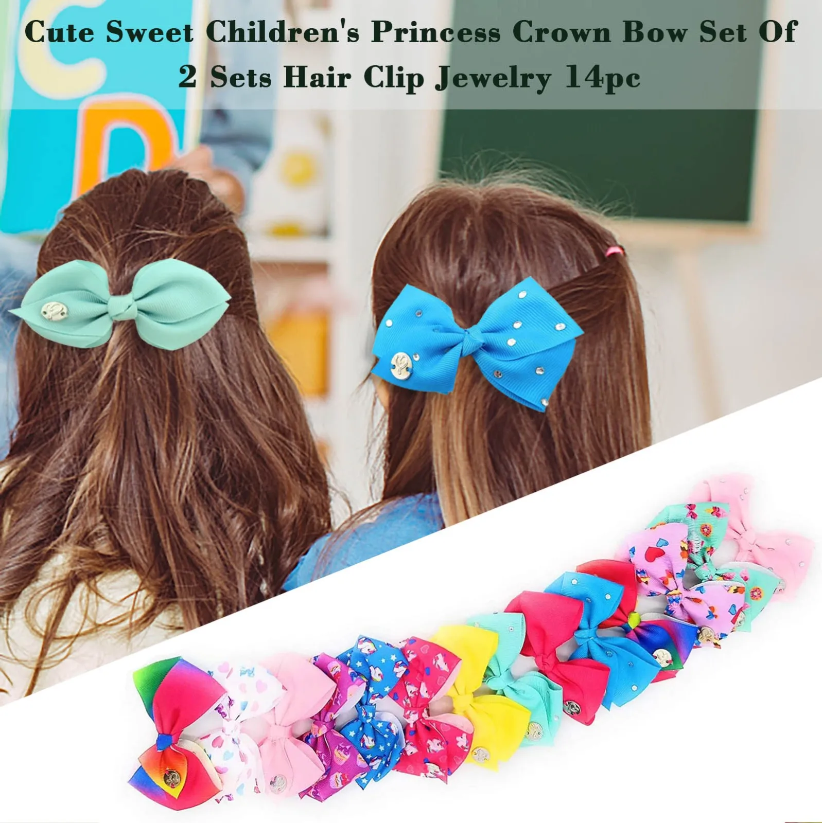 Hair Clip Cute Sweet Children's Princess Crown Bow Set Of 2 Sets Jewelry 14pc Заколки На Волосы 2021 | Аксессуары для