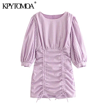 

KPYTOMOA Women 2020 Chic Fashion Plaid Pleated Mini Dress Vintage O Neck Three Quarter Sleeve Drawstring Female Dresses Vestidos