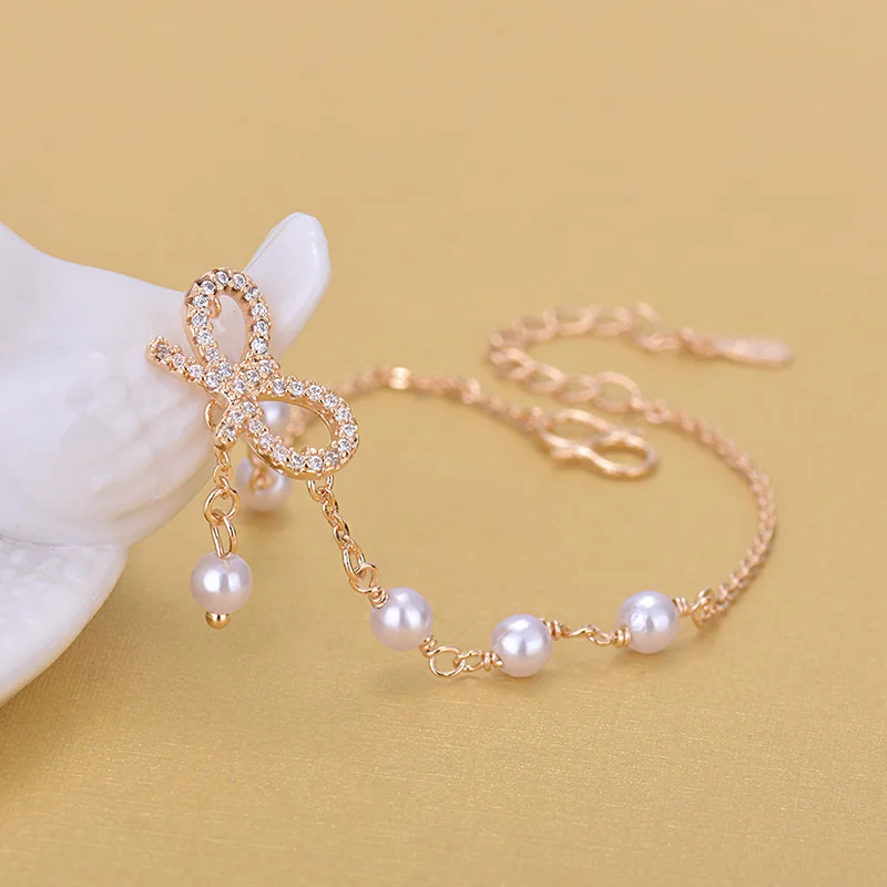 Rose Gold Champagne Chain Pearl Beads Bracelets Rhinestone Bowknot Charm Bracelets Jewelry For Gift