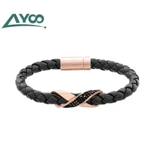 AYOO высокое качество черная кожа SWA розовое золото характер Плетеный веревочный браслет для мужчин и женщин