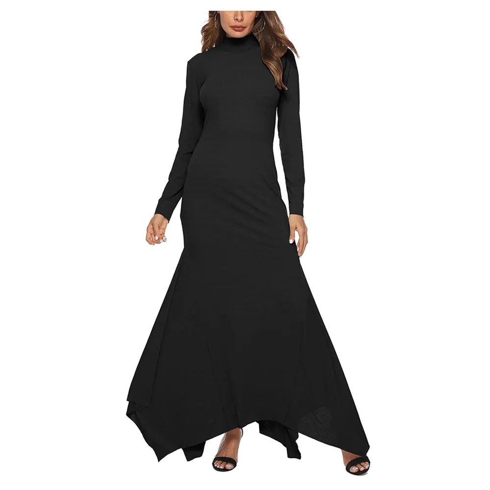Fashion Women Maxi Dress Black High Collar Long-Sleeved Solid Color Dresses Elastic Irregular Long Elegant Party | Женская одежда