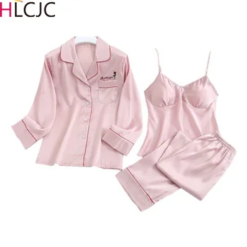 

Pyjamas Women Spring New Embroidery Long Sleeve Top Trousers Suit Ice Silk Sexy Spaghetti Strap 3 Piece Nightwear Home Clothes