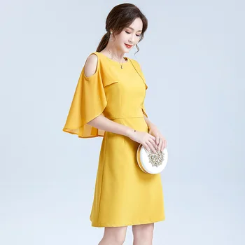 

2020 Women's hollow sleeve slim dress solid color round collar Middle waist elastic line dress women