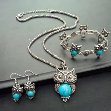Boho Female Turquoise Jewelry Set Charm Silver Color Dangle Earring For Women Cute Owl Bracelet Wedding Chain Necklace
