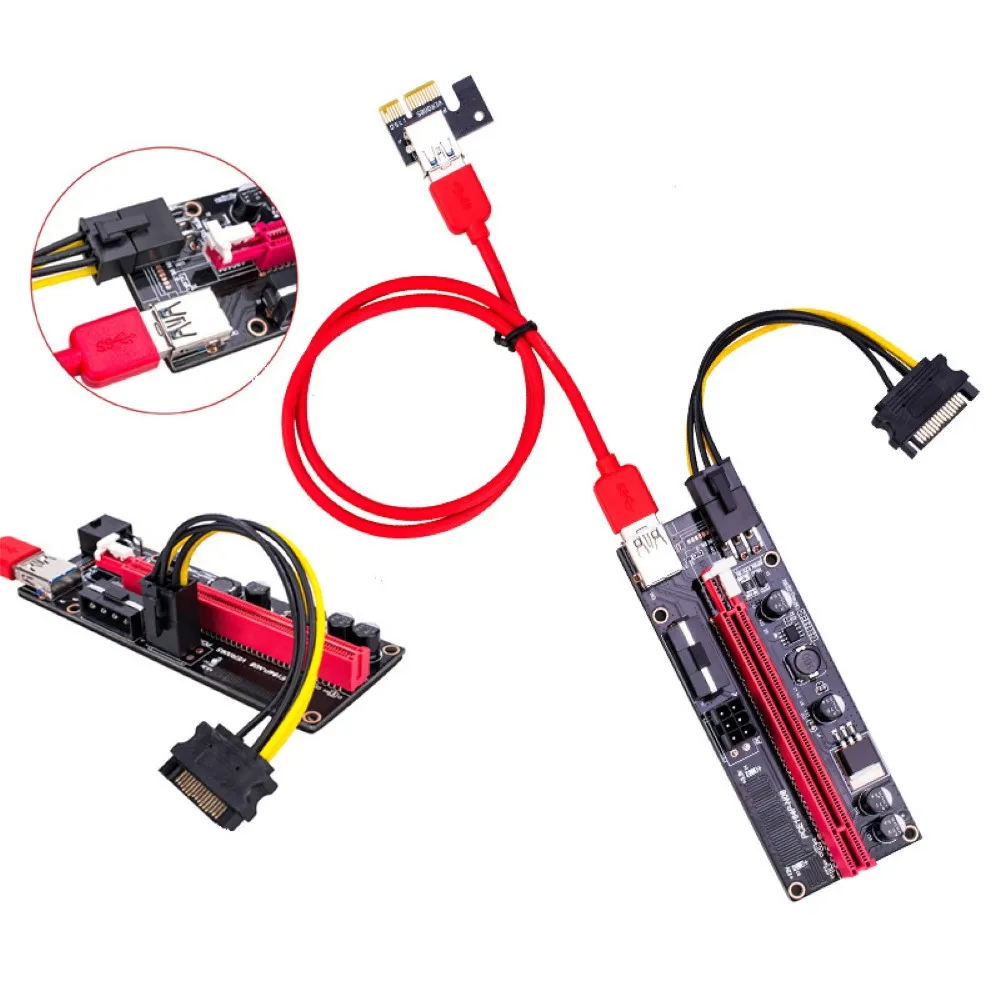 New PCI-E pcie Riser 009 Express 1X to 16x Extender PCI E USB Riser 009S Dual 6Pin Adapter Card SATA 15pin for BTC Miner-5