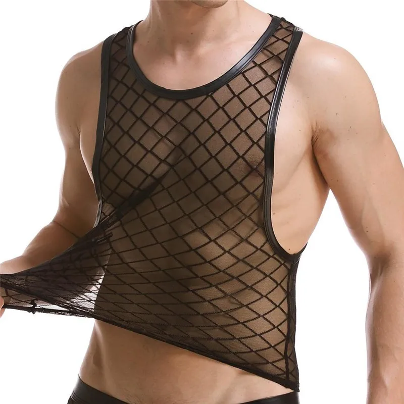 Mens Sexy Diamond Shape Mesh Sleeveless Tank Top Perspective Sheer Thin Stretch Fitness Casual o-neck Vest Undershirt