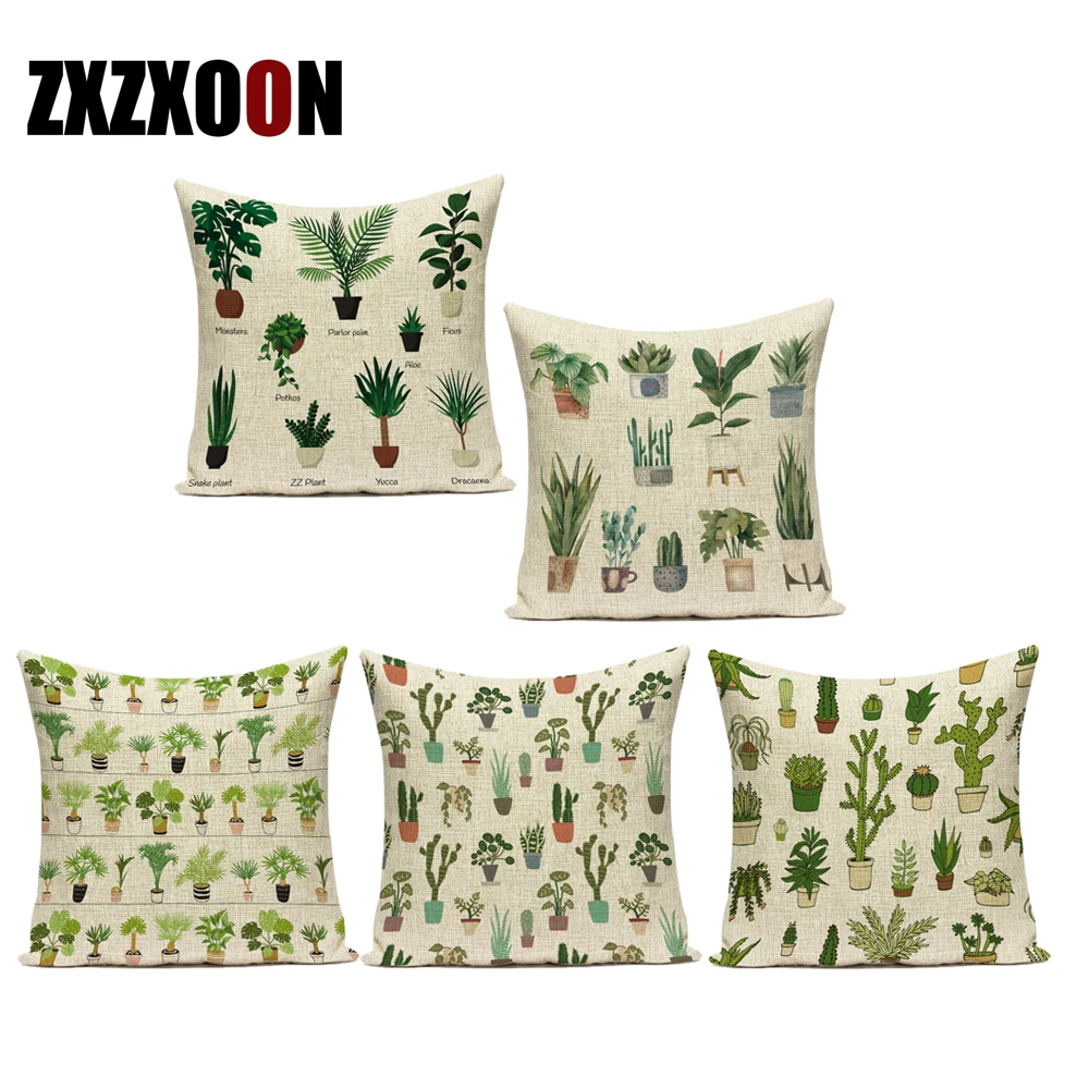 Plant Cushion Cover Green Leaves Throw Pillows Tropical Green Plants