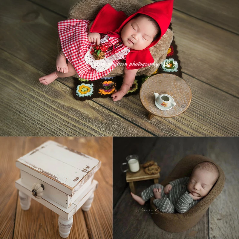 Newborn Photography Props For Baby Wooden Mini Retro Side Table With Stool Studio Shoots Accessories Baby Photo Props Creative newborn baby photography props white iron posing mini bed retro cribs fotografia accessories studio shoots photo props