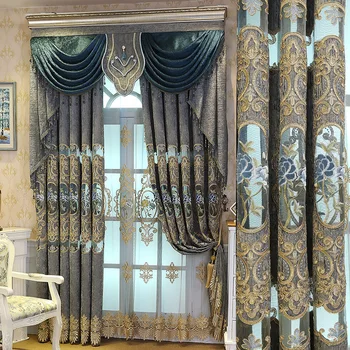 

Custom curtains European Upscale Chenille embroidered livingroom bedroom hollow cloth blackout curtain tulle valance drape M837