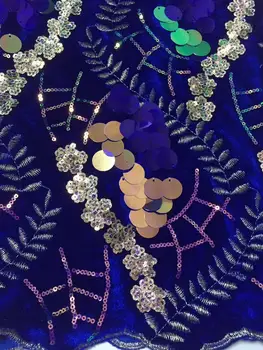 

Royal Blue Velvet Lace Fabric with Sequins French Tulle Mesh Lace Gold 3d Flower Sequins Lace Fabrics for Bridal Lace Materials