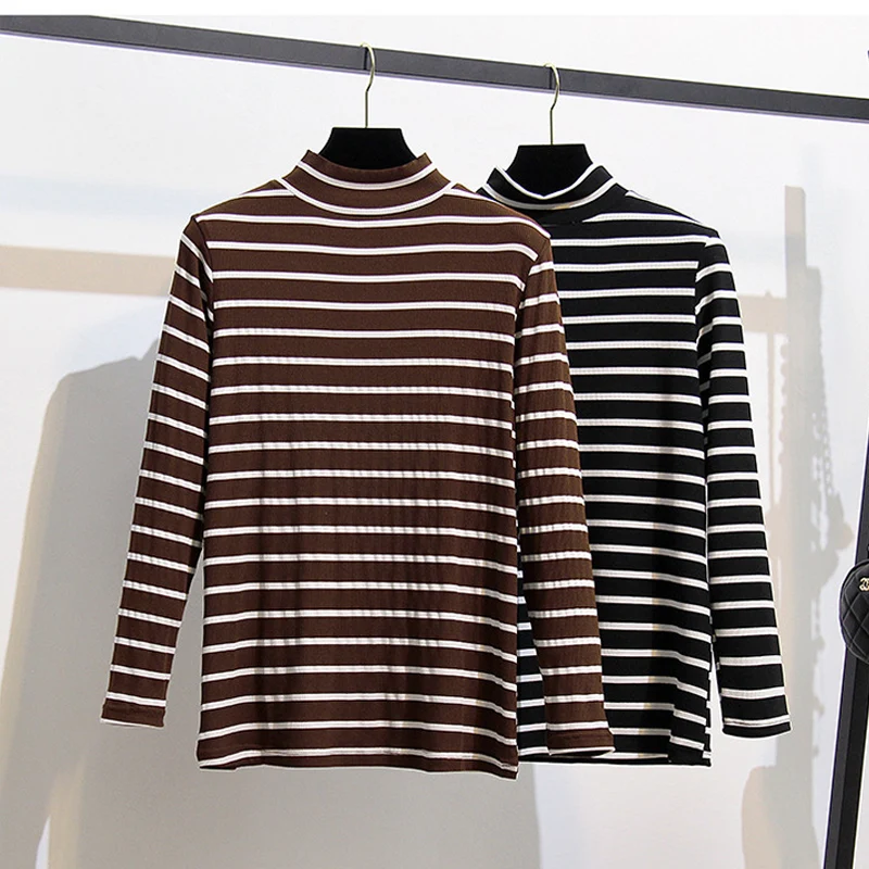 

XL- 6XL Large Size Women Autumn Winter Turtleneck Knit Tshirt Long-sleeved High Neck Striped Sweater Black Brown Tee Tops R592