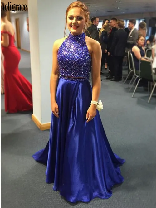 

New Royal Blue Two Pieces Prom Dresses Beading Sweep Train Crystals Formal Party Evening Gowns Elegant Vestidos De Fiesta Custom