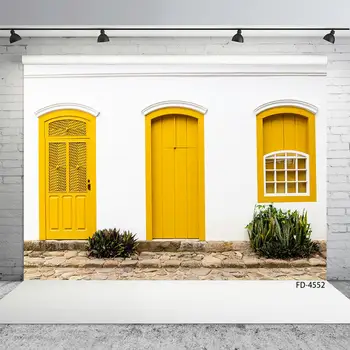 

Vintage Yellow Door White Wall Stone Floor Scenery Background Children Young Portrait Photography Backdrop For Photo Studio Prop