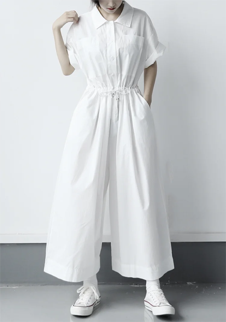 Summer lady lapel contracted loose recreational collect the waist to show thin short sleeve one-body overalls skirt