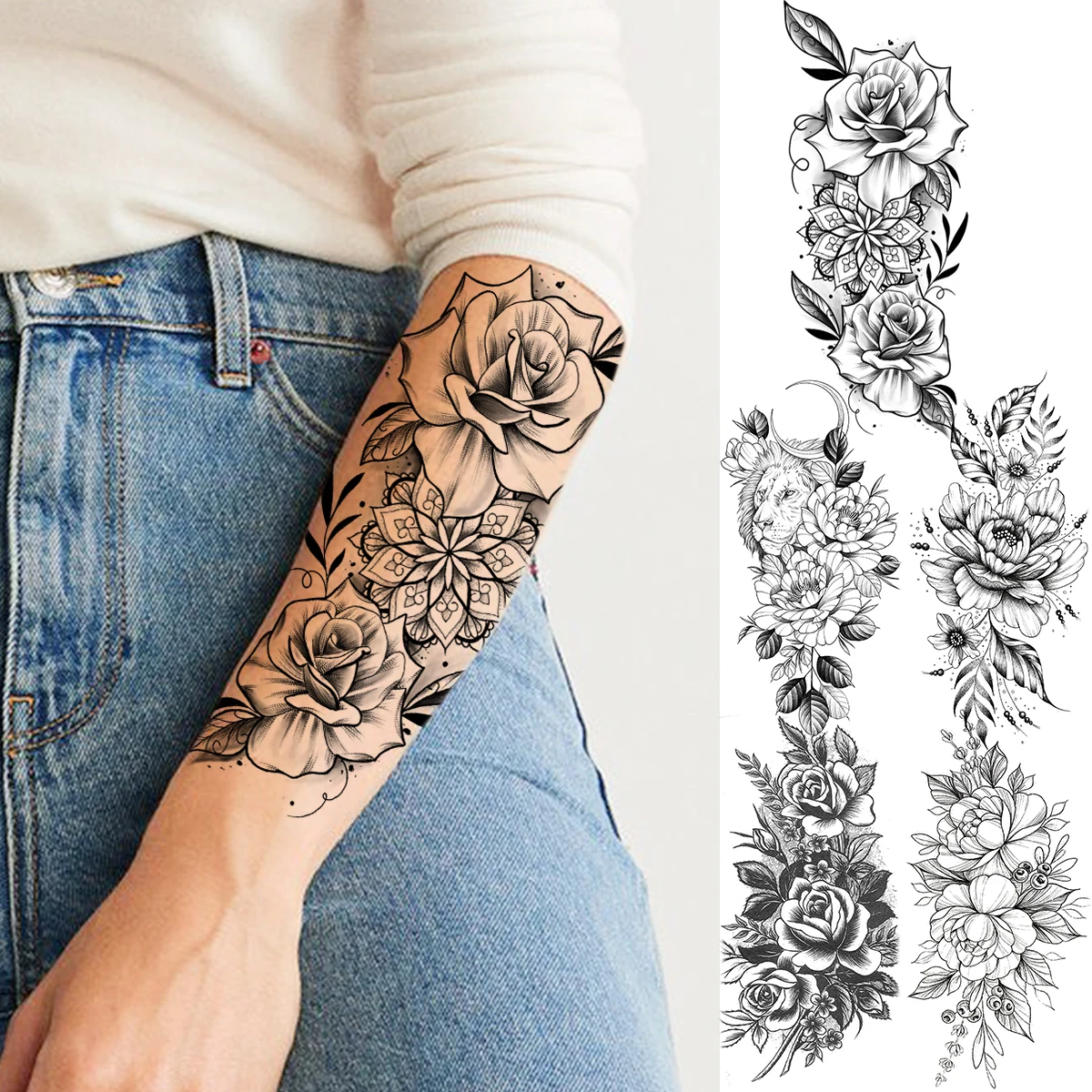 

Realistic Rose Flower Henna Forearm Temporary Tattoos For Women Adult Girl Peony Dahlia Lion Fake Tattoo Fashion Washable Tatoos