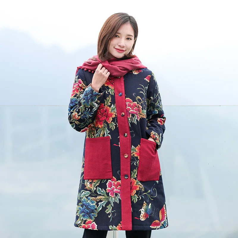

2019 Winter New Style Ethnic-Style WOMEN'S Dress Retro Loose Cotton Coat Chinese Style Chinese Costume Floral Mid-length Cotton-