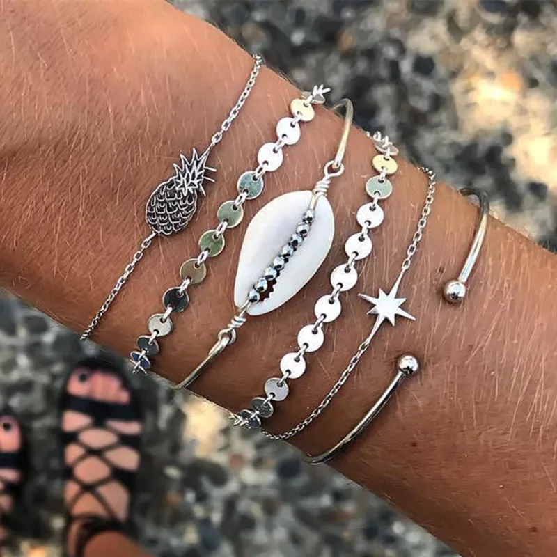 UODCM Многослойные винтажные богемные оболочки ананас звезда браслет набор для женщин вечерние ювелирные изделия серебряный браслет из цепочек подарок друзьям
