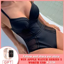 Sexy push up maiô feminino praia moda copo senhora mash respirável bodysuit preto um pedaço terno banho monokini(China)