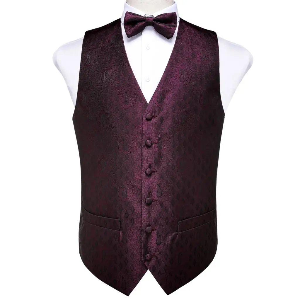 Men's Red Wine Paisley Fashion Wedding Men Silk Waistcoat Vest Bowties Hanky Cufflink Cravat Set for Suit Tuxedo DiBanGu MJ-115