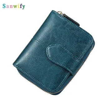 

Oil Genuine Leather Wallets Women Short Mini Clutch Purse Soild Coin Pocket Credit Card Holder Cowhide Bag