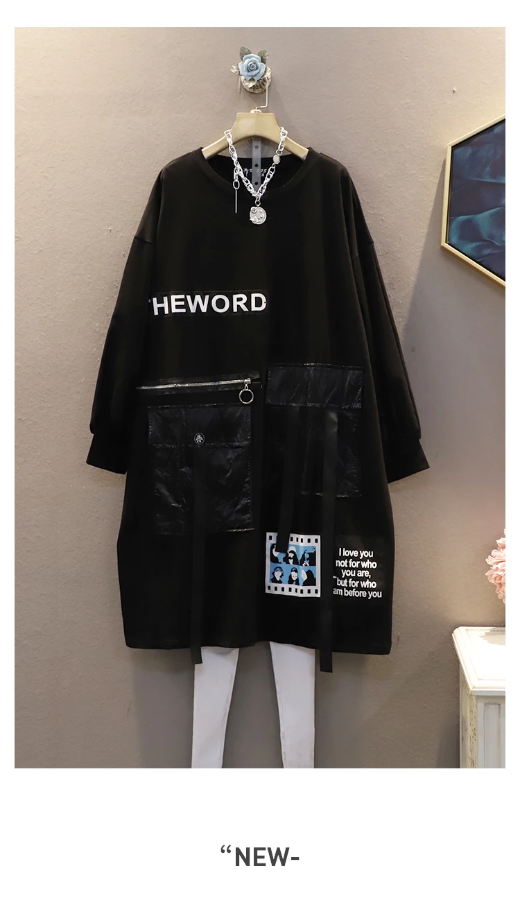 QING MO Women Large Size Dress 2020 Autumn Patch Splicing Dress Long Sleeve Mid-length Letter Fashion Casual Dress LHXX218