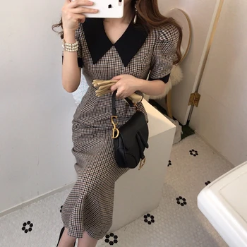 

Turn-down Collar plaid dress Puff Sleeve vestido midi elegant spring office robe vintage casual abiti donna moda mujer 2020 Ropa