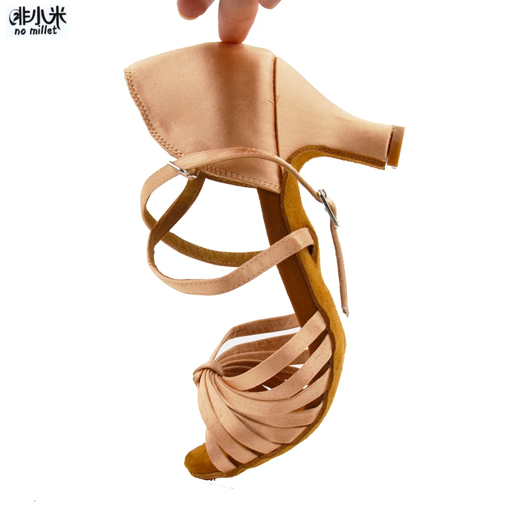 Профессиональная женская танцевальная обувь Zapatos De Baile Tan на низком каблуке, латинский бальный танец, Женская атласная обувь