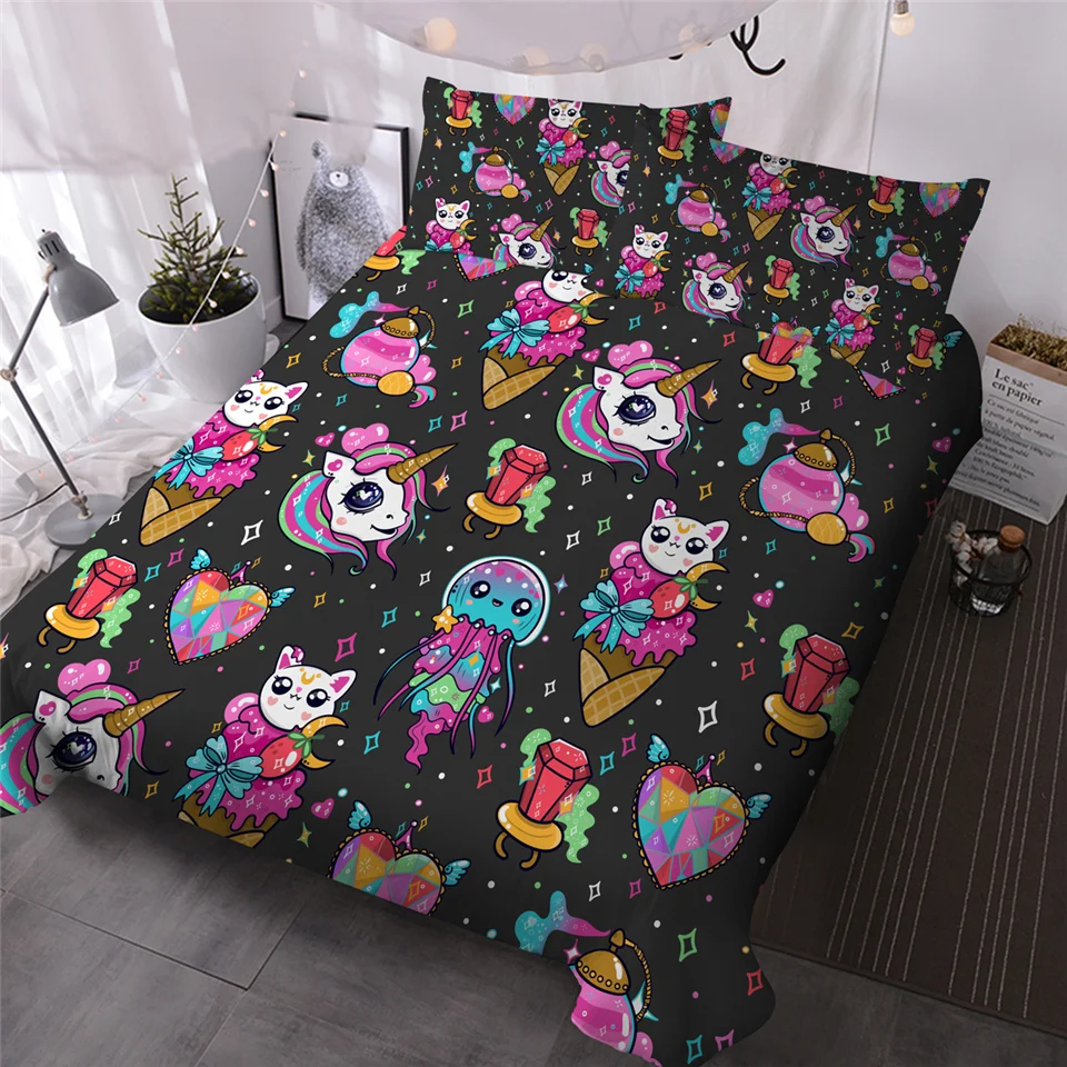 

HM Life Duvet Cover Set Unicorn 3D Print Fantastic 3 Pieces Bedding Sets Ice Cream Quilt Cover for Kids Kawaii Cats Bedclothes