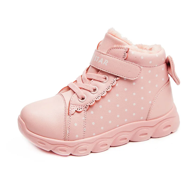 Pink(Plush) Winter Girls Snow Boots For Children Shoes Kids Boots Plush Warm Butterfly Knot Waterproof Leather Fashion bota infantil menina - Цвет: Pink(Plush)