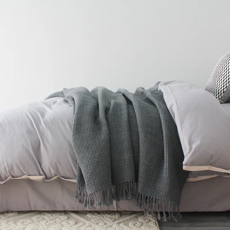 Drop Shipping Dark Gray Acrylic Knitted Blanket Thread Blankets with Tassel Throw for Bed Sofa Home Textile Fashion | Дом и сад