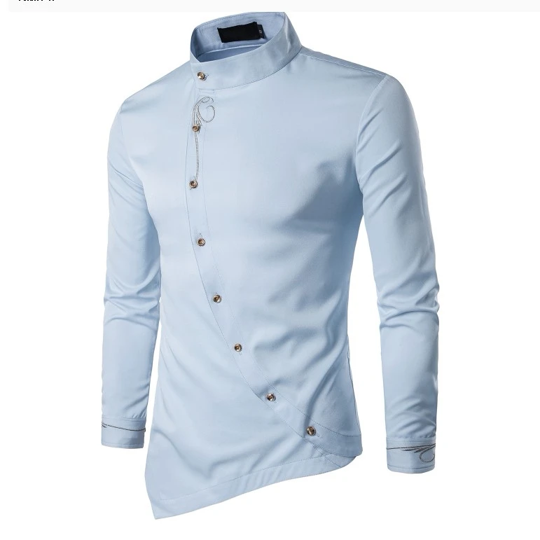 Light blue Мужская рубашка с длинным рукавом, жаккардовое переплетение, косая пуговица, с планкой, для мужчин, самосовершенствование, передний ласточкин хвост, стоячий воротник, Треккинговая рубашка - Цвет: Light blue