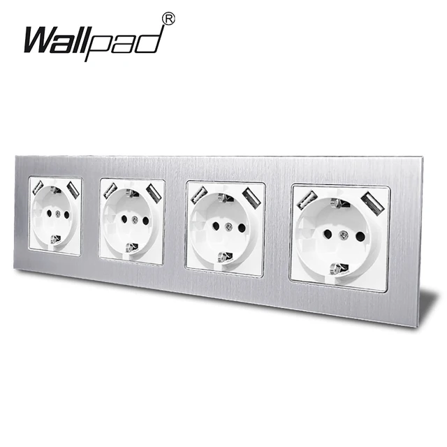 Double EU Schuko Power Socket with Double USB Charging Ports 5.1DC 2.1A For EU Round Box Wallpad 156*86mm EU Outlet with USB 4 Metal Silver White