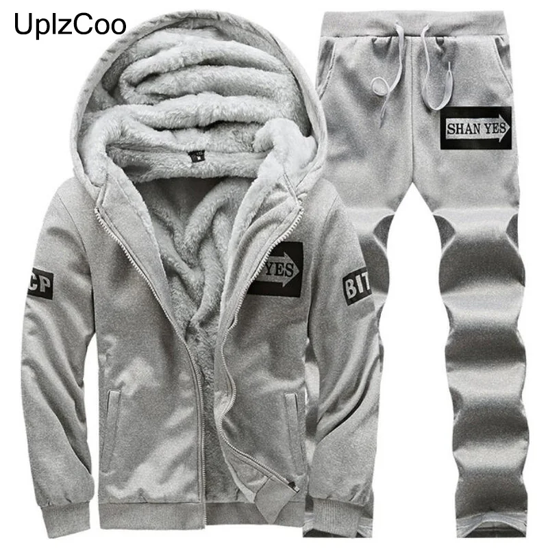 

UplzCoo Winter Men's Fleece Set Jacket +Thick Pants 2Pieces Casual Velvet Male Coat Sportswear Fashion Hooded Sweatshirt FM261