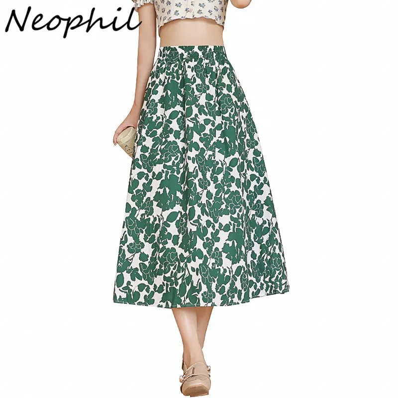 Neophil Vintage Spring  Cotton Floral Print A-Line Skirts For Women Clothes Jupe Casual Fancy Pockets Umbrella Midi Skirt S21527