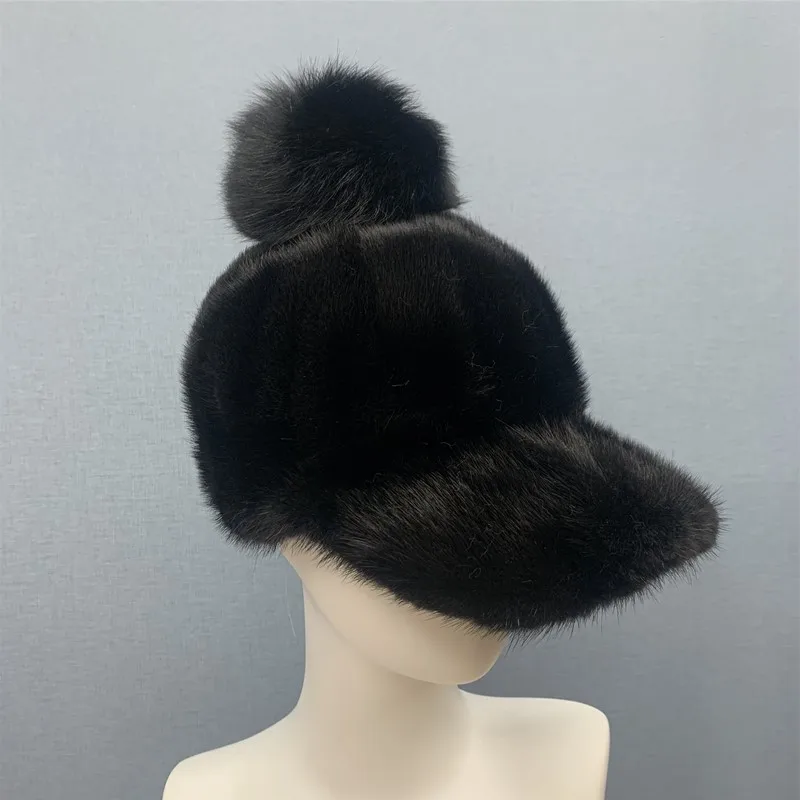 Neue Frauen Handarbeit Aus Echtem Nerz Visiere Hüte Winter Dame Warme Mädchen Grau Kappe mit Echt Fox Fell Pompon R4 – Detail 4