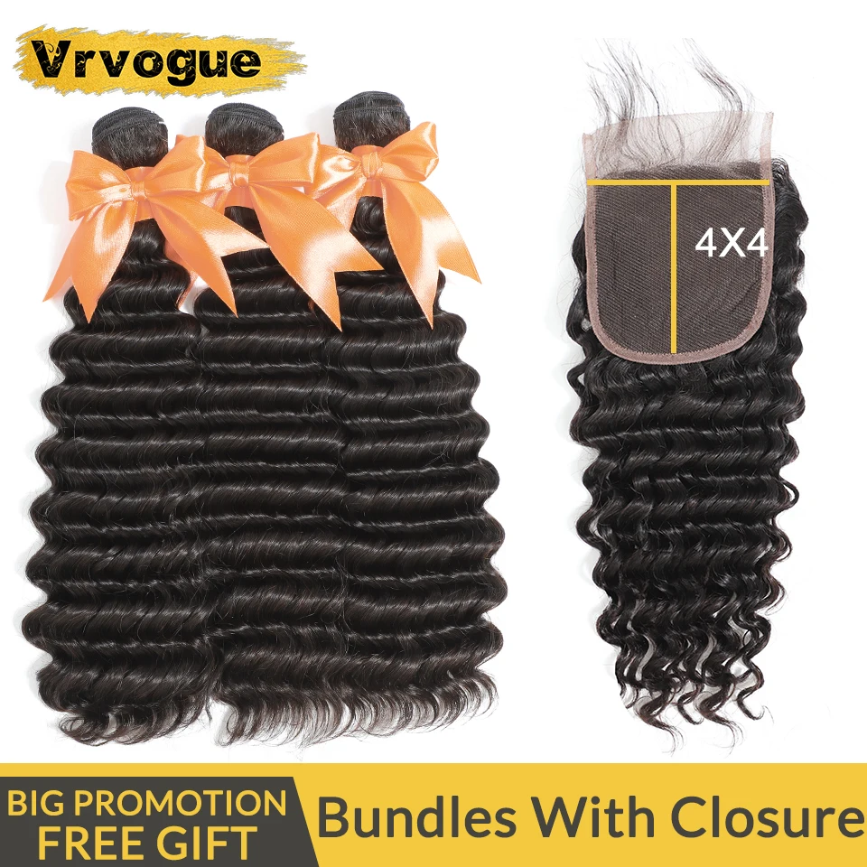

Vrvogue Peruvian Deep Wave Bundles With Closure Non Remy Human Hair Bundles With Closure Free Shipping 3 Bundles With Closure