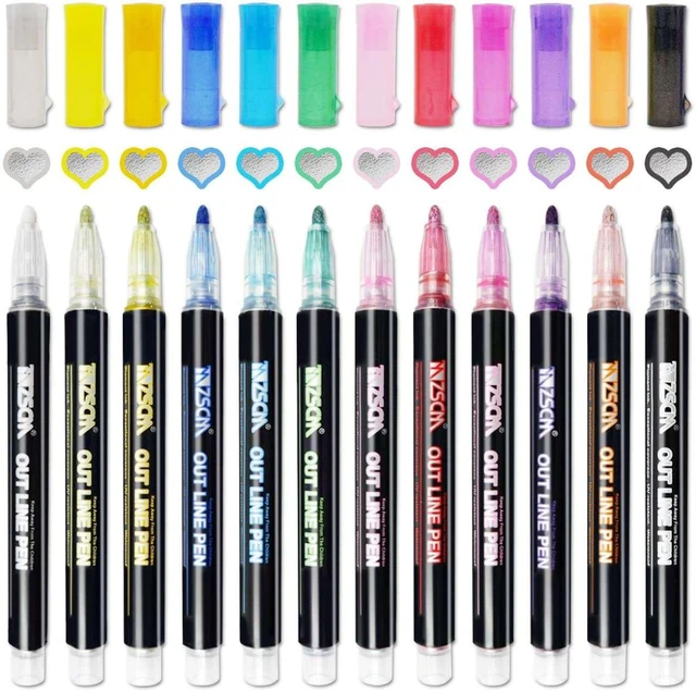 12pcs/set Outline Metallic Markers, Double Line Magic Shimmer