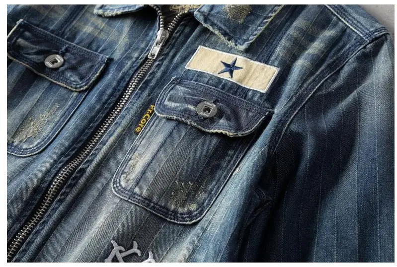 Bonjean Мужская Байкерская мотоциклетная куртка на молнии синяя рваная джинсовая винтажная повседневная куртка Ретро приталенная джинсовая куртка Прямая