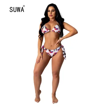 

Women Summer Floral Print Beach Bikinis Set Swimwears Halter Bra Top + Pants Suit Two Piece Sets Bohemian Swimsuit Bargain Price