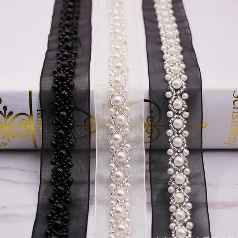 1yards/lot White Black Pearl Beaded Lace Ribbon Trim African Lace
