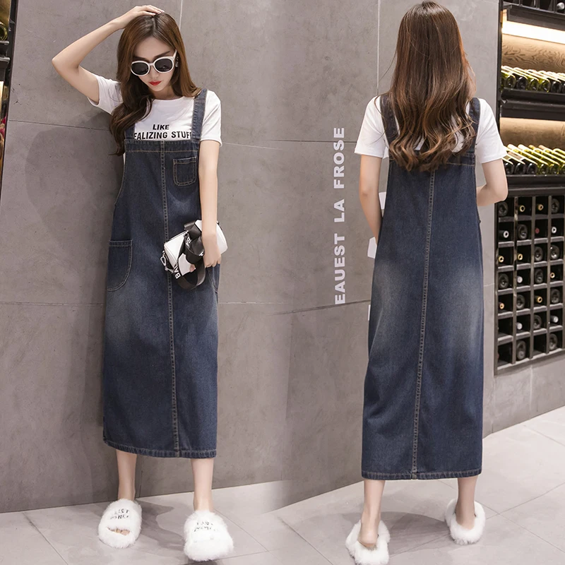 Irregular Slit Denim Strap Dress For Women Vintage Loose Long Sundress  Female Spring Summer All-Match Jean Dresses