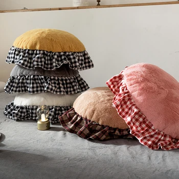 

Ruffled Round Pillow Rabbit Fur Cushion Cute Splicing Edge Solid Color Soft Round Pillow With Core Sofa Chair Bed Home Decor