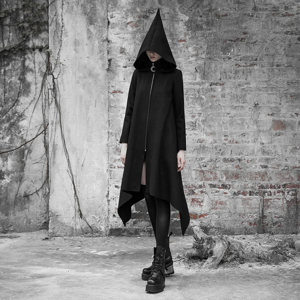 PUNK RAVE Women's Dark Loose Irregular Woolen Coat Metal Zipper Sharp Angle Hat Witch Stage Performance Women Long Jacket
