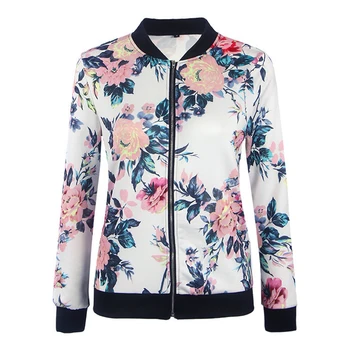 

Women Zipper Long Sleeve Autumn Floral Outwear Coat Retro Casual Bomber Slim Fit