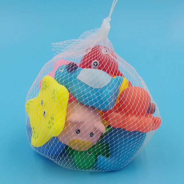 Juguete de baño de animales bonitos para bebé, flotador de goma suave de colores, juguete de agua de natación con sonido para apretar, con bolsa de malla, 10 unids/paquete